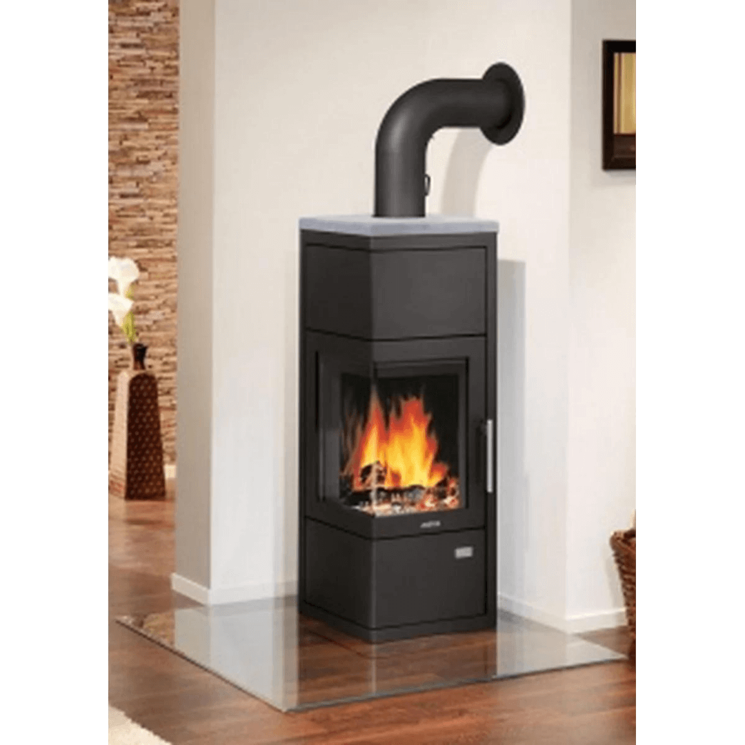 Moderner Eckkamin aus schwarzem Stahl