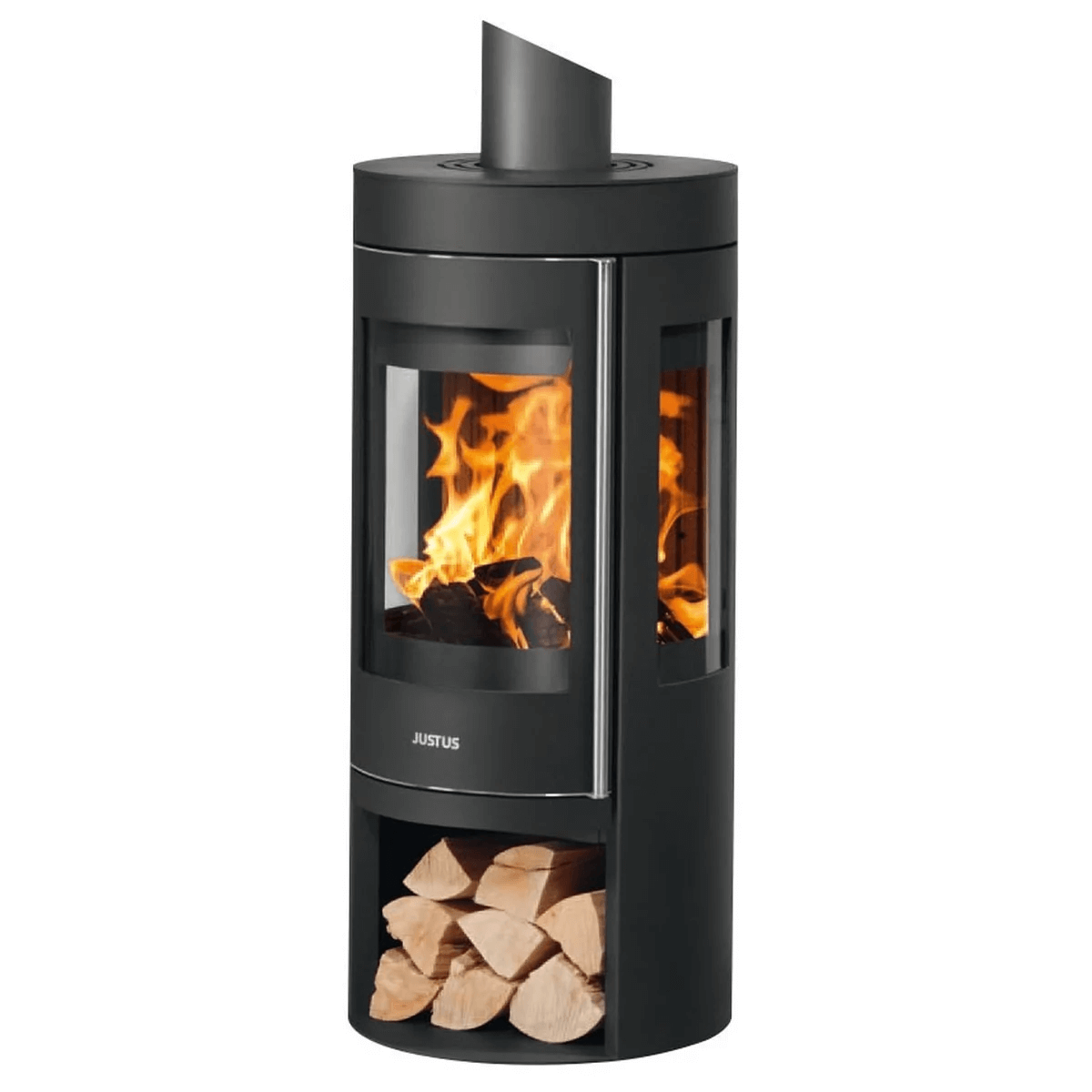 Runder Kaminofen Justus Mino Trios mit Holzfach und Seitenscheiben