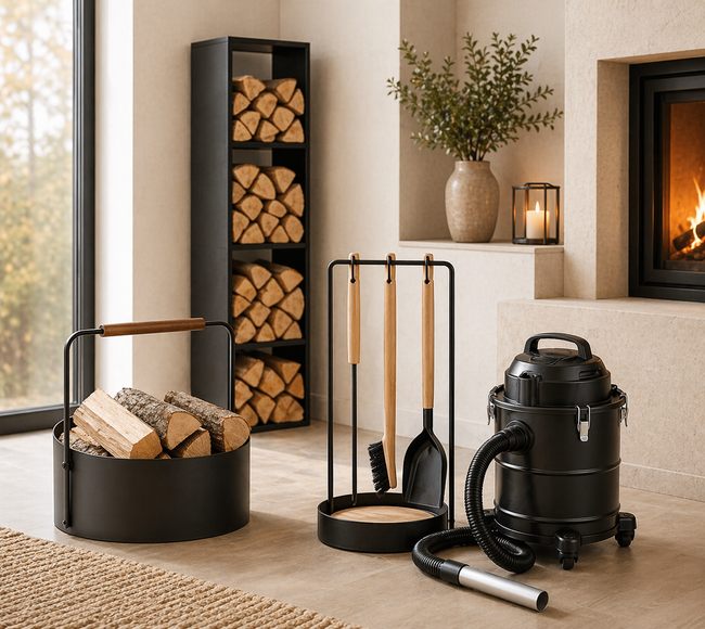 Nahaufnahme eines schwarzen Kamins mit Korb für Feuerholz und Kaminbesteck