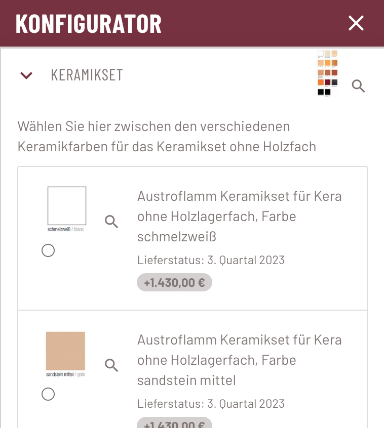 Der Konfigurator mit den verschiedenen Auswahlmöglichkeiten für das Produkt Kaminbausatz Austoflamm KERA XTRA
