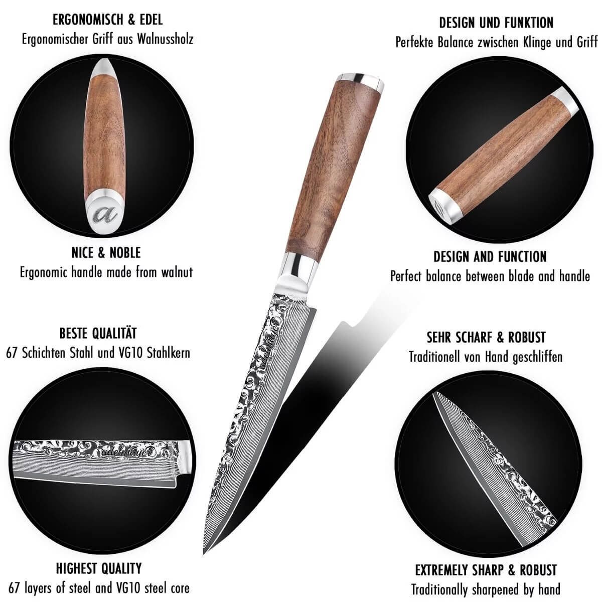 Qualitätsstandards der adelmayer® Damastmesser gezeigt am Allzweckmesser