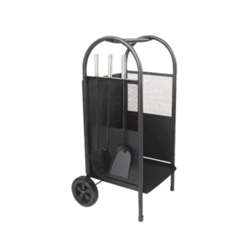 Holzwagen mit Kaminbesteck - schwarz beschichtet Edelstahl Griffe