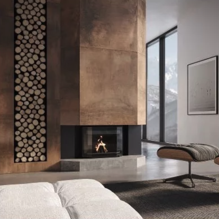 Kamineinsatz Dovre Phoenix in Schwarz eingebaut in einem stilvollen Wohnzimmer.