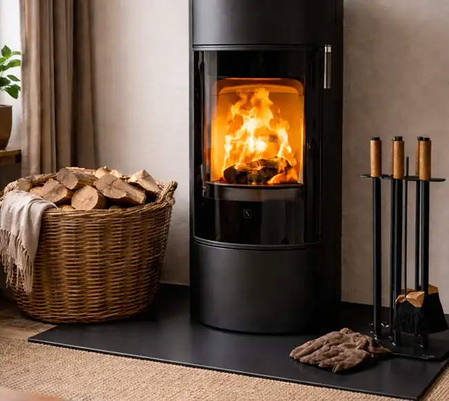 Nahaufnahme eines schwarzen Kamins mit Korb für Feuerholz und Kaminbesteck