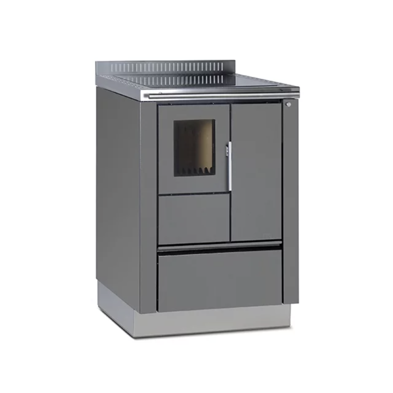 Küchenherd in grau mit Edelstahlherdstange und Herdplatte