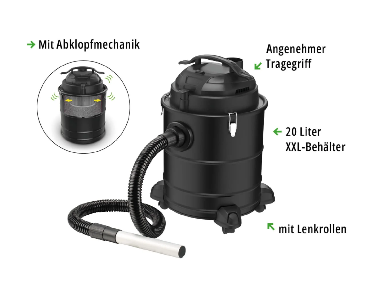 Valo Aschesauger Premium 1.800W, 20Liter, mit Abklopfmechanik, Schwarz