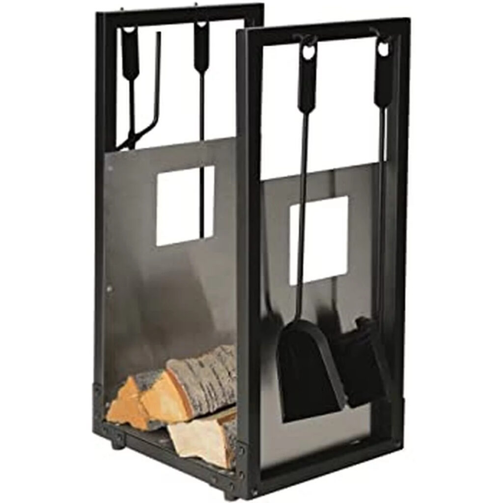 Holzkorb mit Kaminbesteck schwarz beschichtet Edelstahl