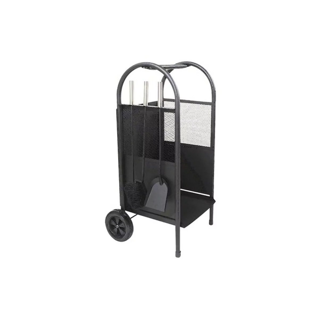 Schwarzer Holzwagen mit Kaminbesteck