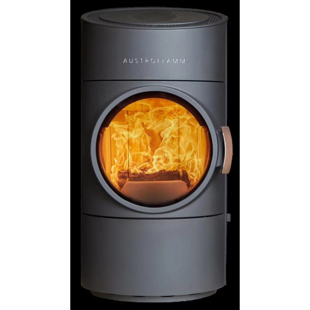 Grauer Kaminofen von Austroflamm mit rundem Glas