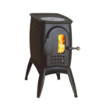 Kleiner schwarzer Gussofen der Marke Austroflamm mit brennendem Feuer