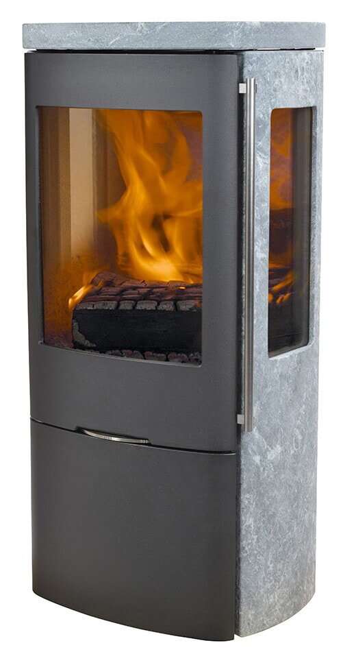 Eckiger Kaminofen Jydepejsen Senza Speckstein mit Seitenscheiben, grau-schwarz