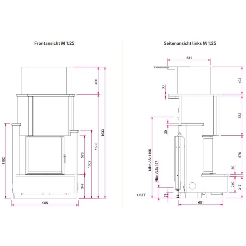 Kaminbausatz Camina S5 Eck - 7 kW - Speicherkamin