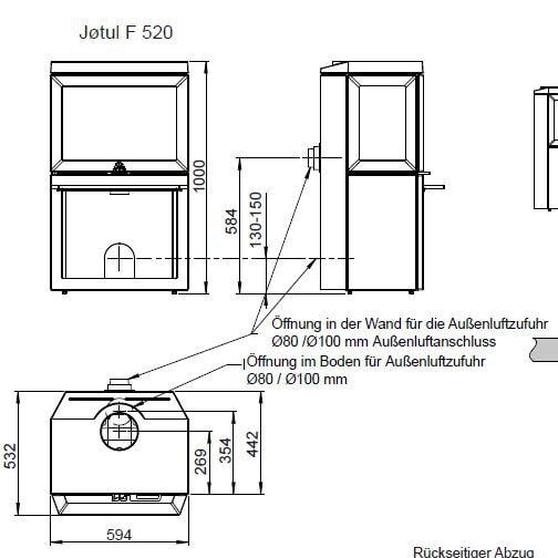 Kaminofen Gussofen Jotul F 520 mit I 520 Einsatz (3 Scheiben) - 7 kW