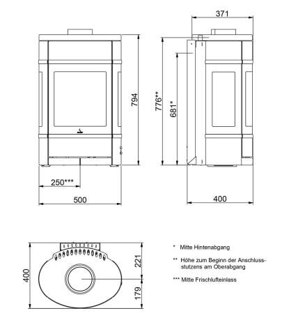 Kaminofen SCAN 68-7 Wall (Wandmodell) mit 3 Scheiben, Griffe und Leisten schwarz - 5,5 kW