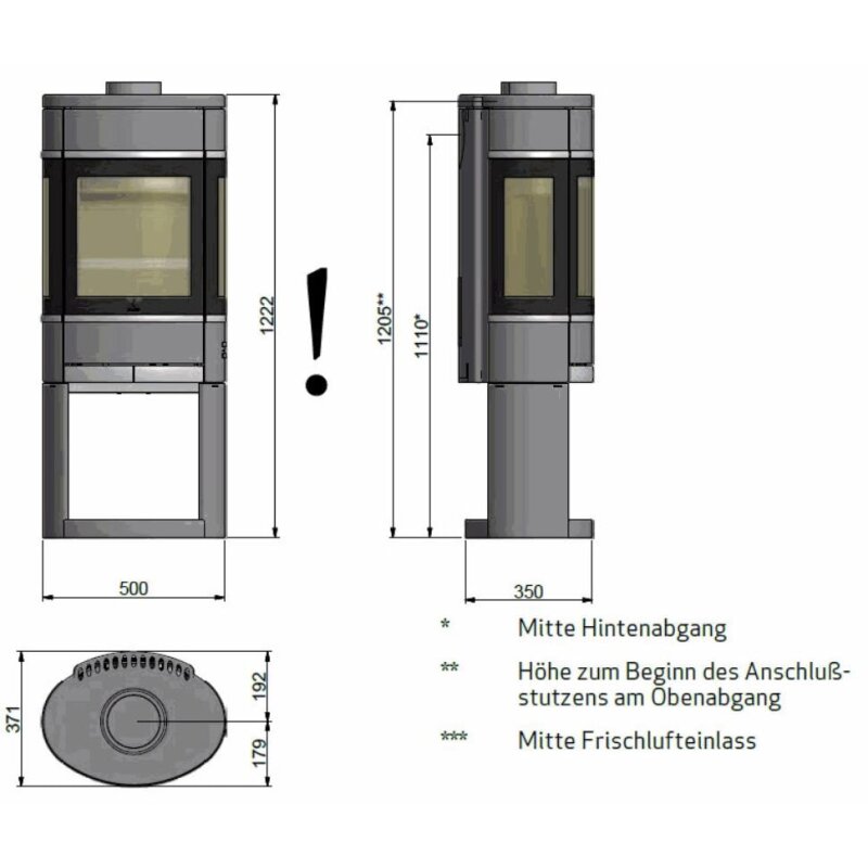 Kaminofen SCAN 68-11 auf offenem Sockel mit Seitenfenster - Portal, Griffe und Leisten schwarz - 5,5 kW
