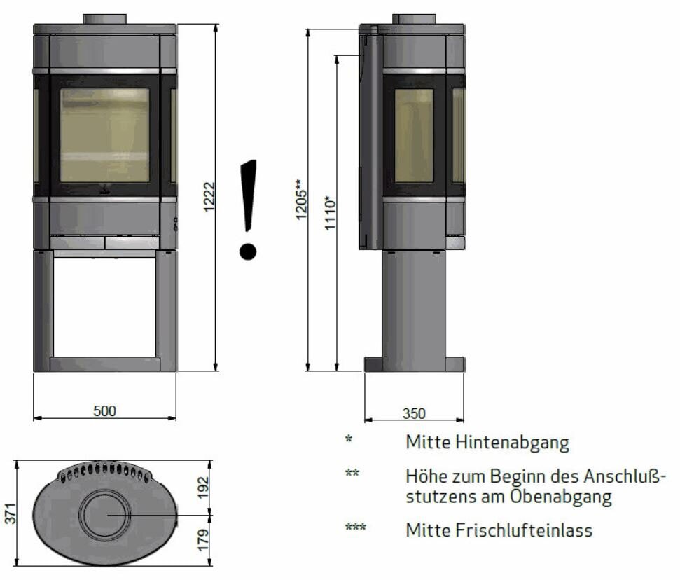 Kaminofen SCAN 68-11 auf offenem Sockel mit Seitenfenster - Portal, Griffe und Leisten schwarz - 5,5 kW