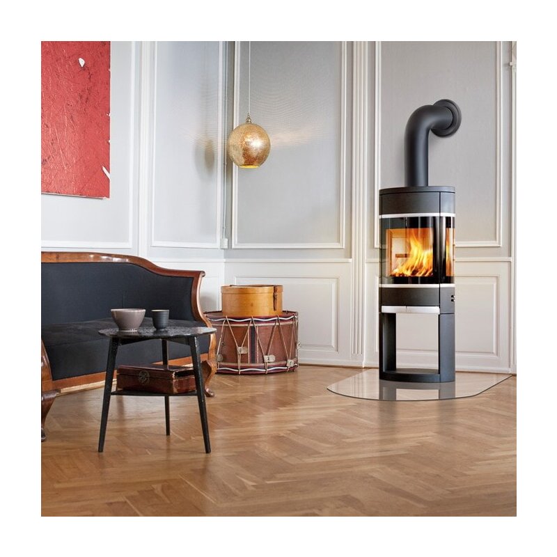 Kaminofen SCAN 68-12 auf offenem Sockel mit Seitenfenster - Portal, Griffe und Leisten Aluminium - 5,5 kW