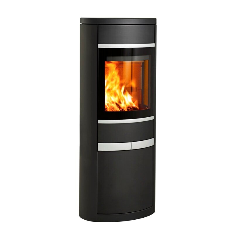 Kaminofen SCAN 68-14 mit langen Stahlseiten, Griffe und Leisten Aluminium - 5,5 kW