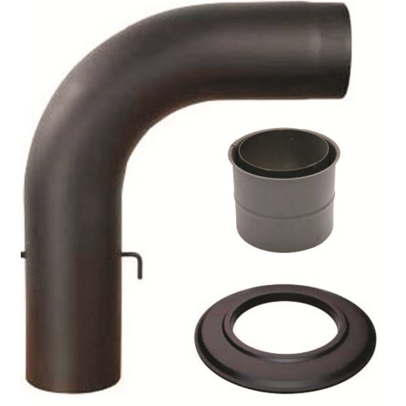 SET Rauchrohrbogen glattgezogen 90° mit Drosselklappe 600 x 500, Doppelwandfutter, Rosette, Ø 150 x 2 mm, Farbe schwarz