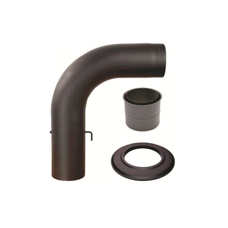 SET Rauchrohrbogen glattgezogen 90° mit Drosselklappe 600 x 500, Doppelwandfutter, Rosette, Ø 150 x 2 mm, Farbe schwarz