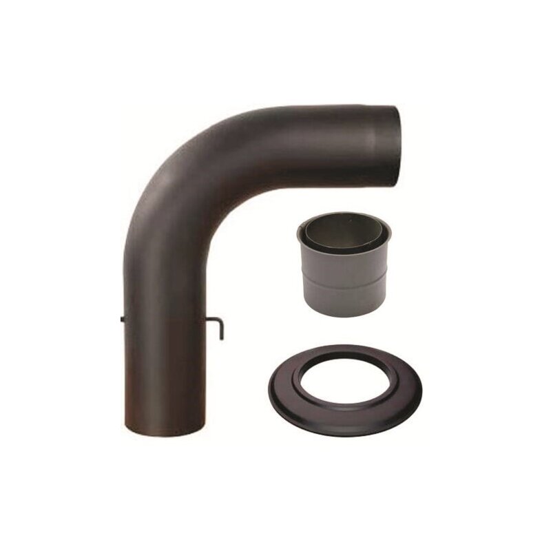 SET Rauchrohrbogen glattgezogen 90° mit Drosselklappe 600 x 500, Doppelwandfutter, Rosette, Ø 150 x 2 mm, Farbe schwarz
