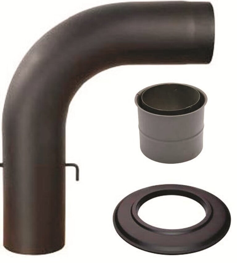 SET Rauchrohrbogen glattgezogen 90° mit Drosselklappe 600 x 500, Doppelwandfutter, Rosette, Ø 150 x 2 mm, Farbe schwarz