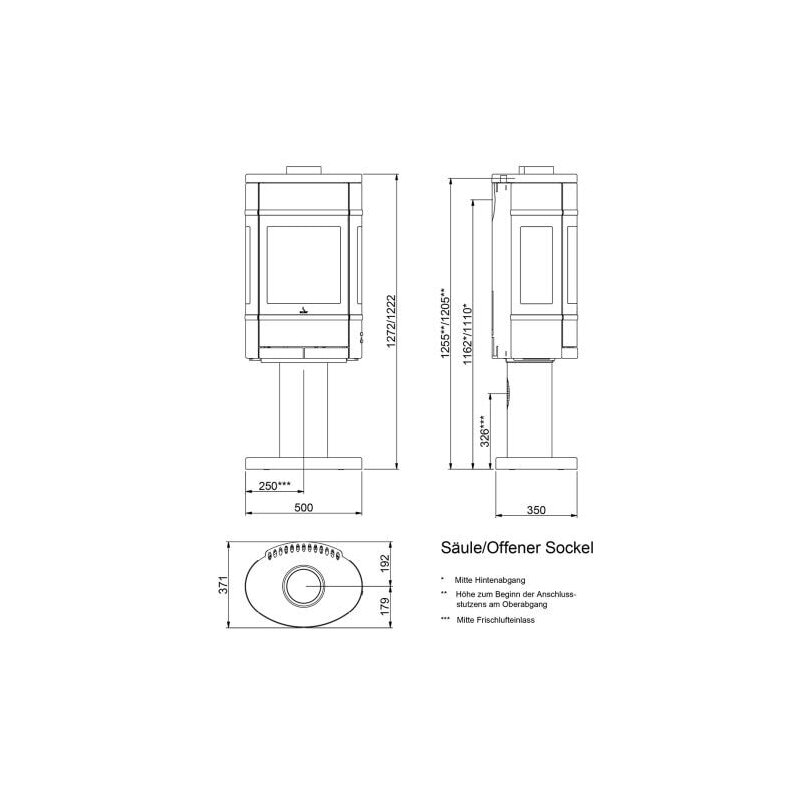 Kaminofen SCAN 68-9 auf Säule mit Seitenfenstern - Pedestal, Griffe und Leisten Schwarz - 5,5 kW - Schwarz