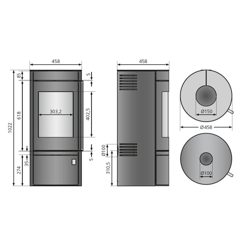 Kaminofen Justus Mino Top 2.0  - 5,5 kW - Stahl Schwarz - Abdeckplatte Stahl Schwarz