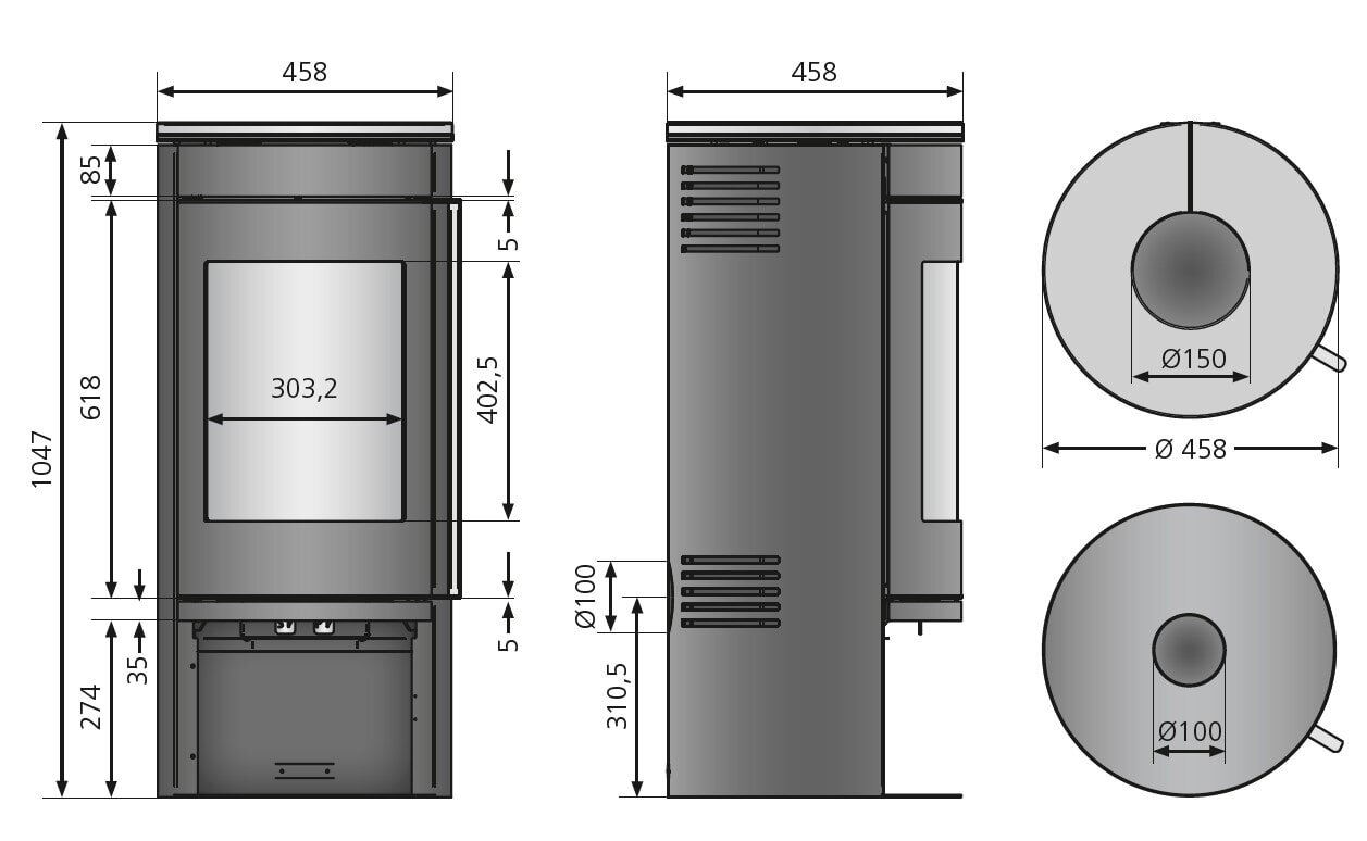 Kaminofen Justus Mino 2.0 - 5,5 kW - Stahl Schwarz - Abdeckplatte Keramik Grappa
