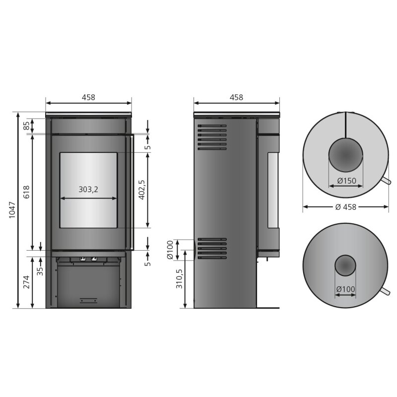 Kaminofen Justus Mino 2.0 - 5,5 kW - Stahl Schwarz - Abdeckplatte Sandstein