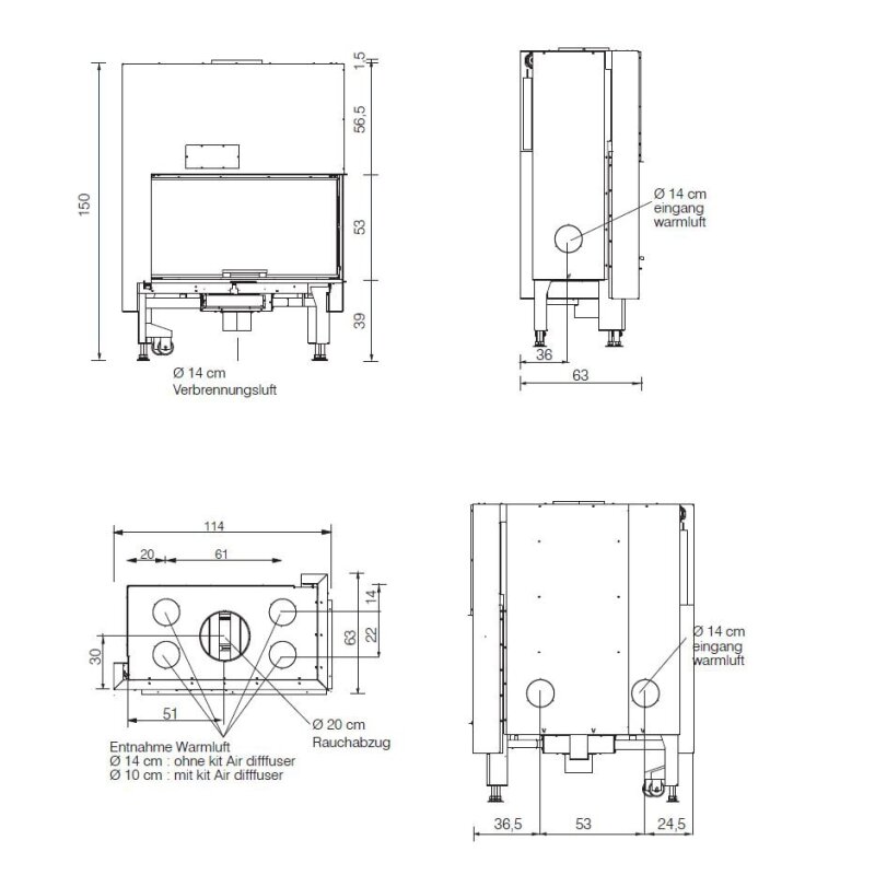 Holzkamin Einsatz Edilkamin WINDO2 95 R - 14,7 kW - Fenster Links