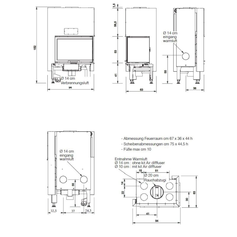 Holzkamin Einsatz Edilkamin WINDO2 95 L - 14,7 kW - Fenster Rechts