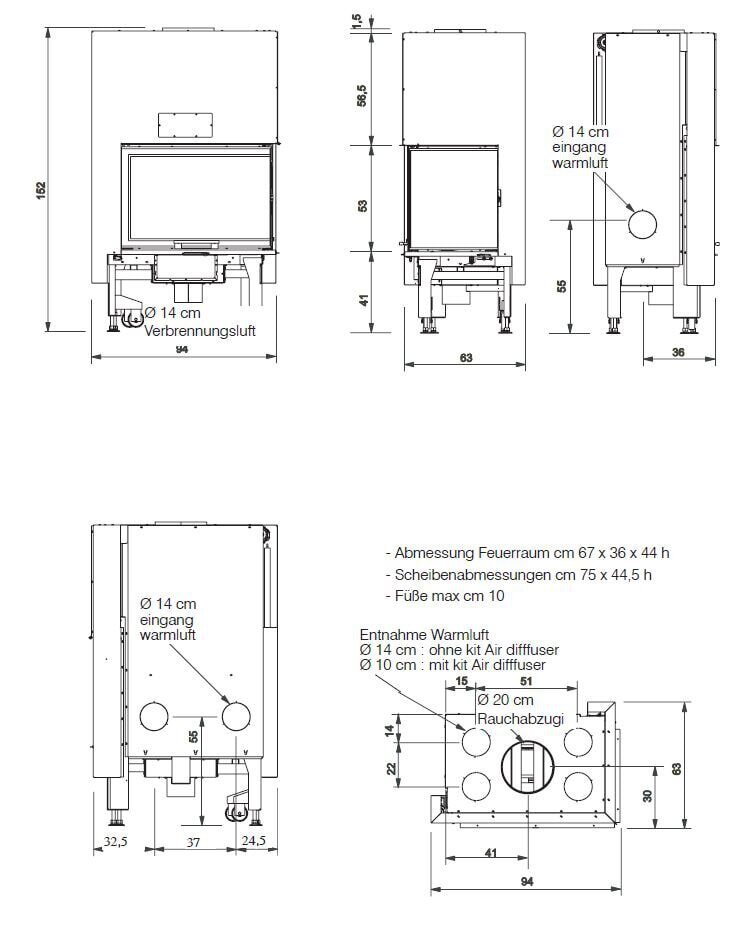 Holzkamin Einsatz Edilkamin WINDO2 75 R - 13,2 kW - Fenster Links