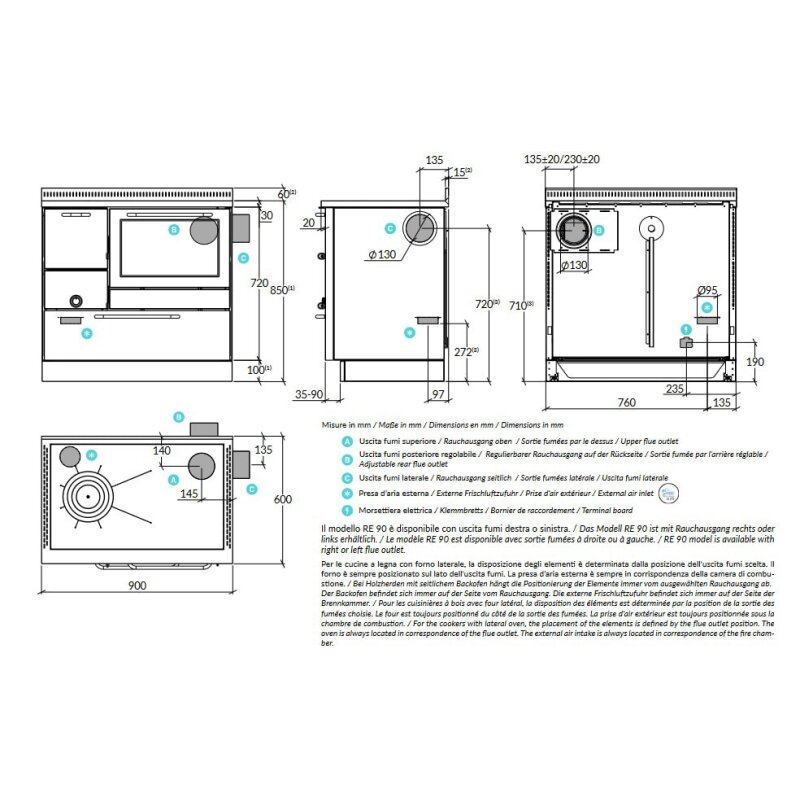 Holzherd Rizzoli - Serie RE mit Backofen - RE 90 - 8 kW - Standard Edelstahl
