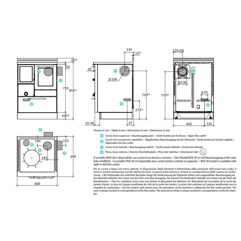 Holzherd Rizzoli - Serie RVE mit Backofen - RVE 60 - 8 kW - Standard Edelstahl