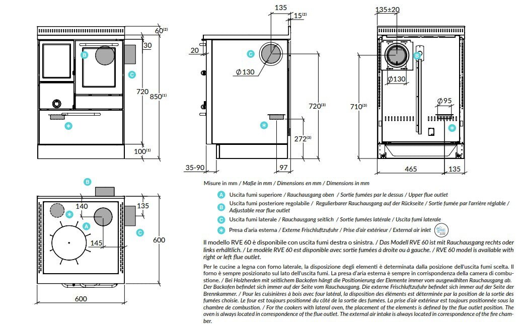 Holzherd Rizzoli - Serie RVE mit Backofen - RVE 60 - 8 kW - Variant