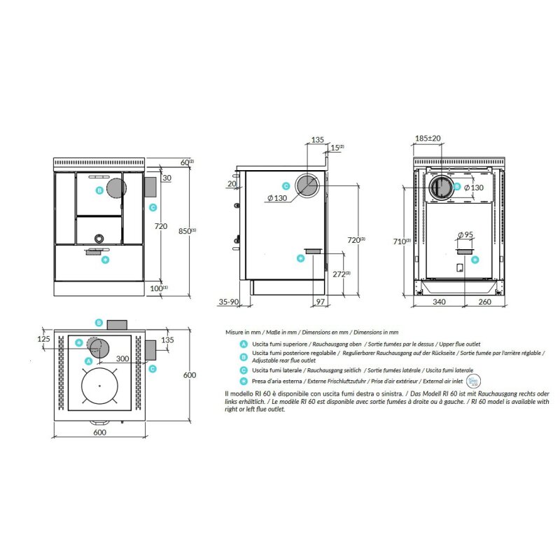Holzherd Rizzoli - Serie RI ohne Backofen - RI 60 - 7,4 kW - Standard Edelstahl