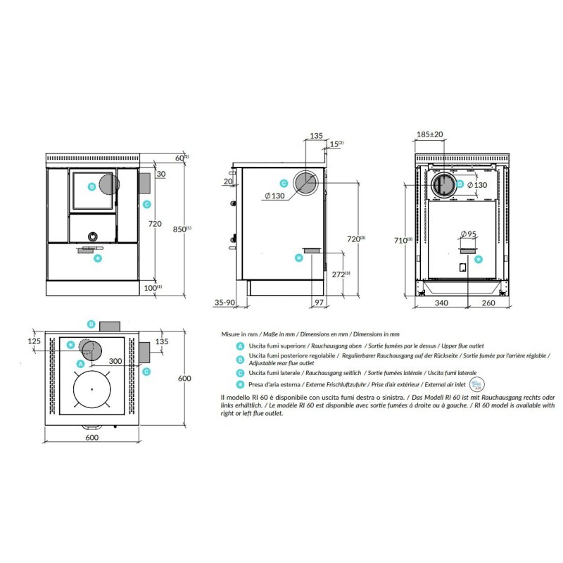 Holzherd Rizzoli - Serie RVI ohne Backofen - RVI 60 - 7 kW - Epoka
