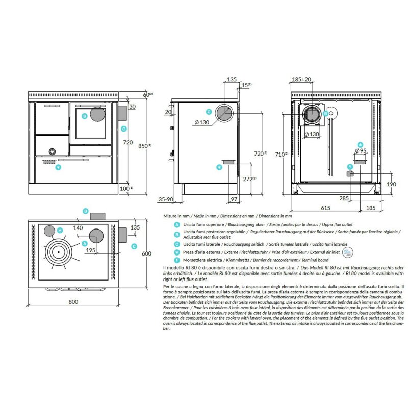 Holzherd Rizzoli - Serie RI mit Backofen - RI 80 - 8 kW - Standard Edelstahl