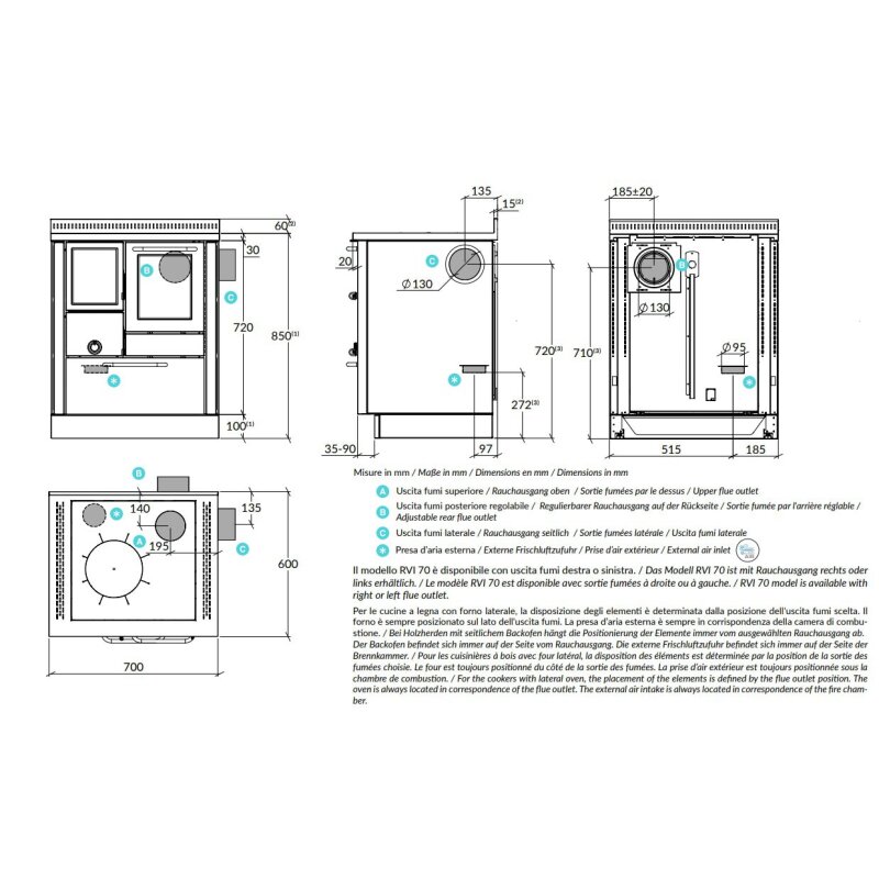 Holzherd Rizzoli - Serie RVI mit Backofen - RVI 70 - 8 kW - Standard Edelstahl