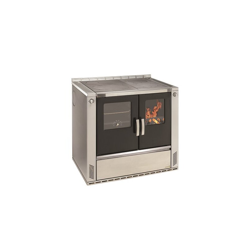 Wamsler Küchenherd W2-90 in anthrazit-metallic Optik mit schwarzer Backofentür, Elegance Line Griffen und einer Herdplatte aus Stahl vor einem weißen Hintergrund positioniert