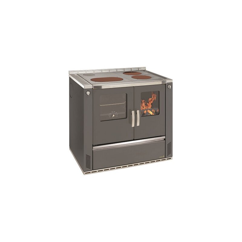 Wamsler Küchenherd W2-90 in brauner Optik mit schwarzer Backofentür, Elegance Griffen in Stahl und einer Ceran Herdplatte vor einem weißen Hintergrund positioniert