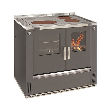 Wamsler Küchenherd W2-90 in brauner Optik mit schwarzer Backofentür, Elegance Griffen in Stahl und einer Ceran Herdplatte vor einem weißen Hintergrund positioniert