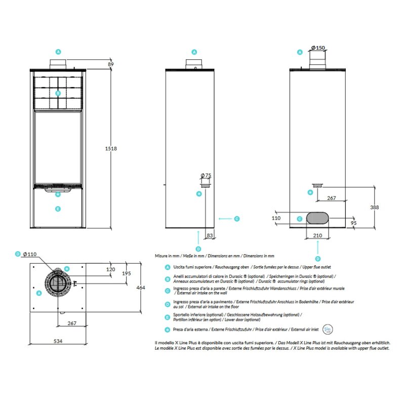 Kaminofen Rizzoli - Serie X Line - Plus - 7,7 kW - Schwarz lackiert