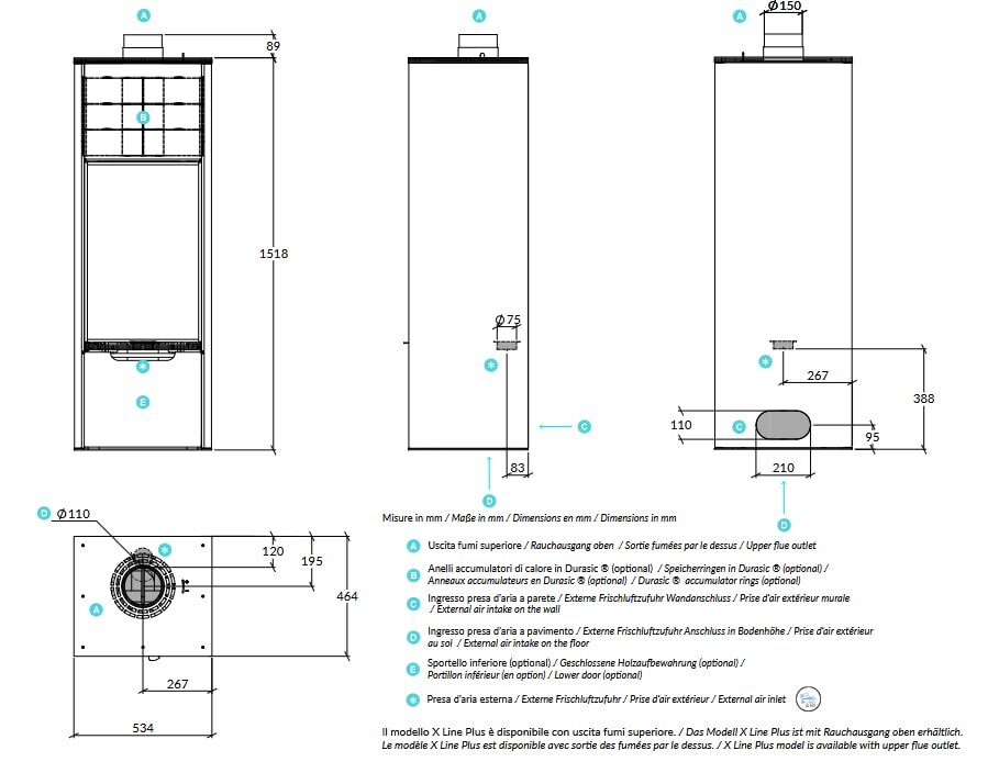 Kaminofen Rizzoli - Serie X Line - Plus - 7,7 kW - Schwarz lackiert