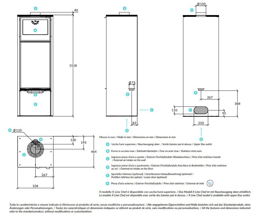 Kaminofen Rizzoli - Serie X Line - Chef - 7,7 kW - Schwarz lackiert