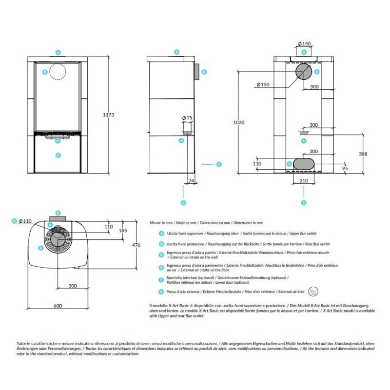 Kaminofen Rizzoli - Serie X Art - Basic - 7,7 kW - Keramikverkleidung