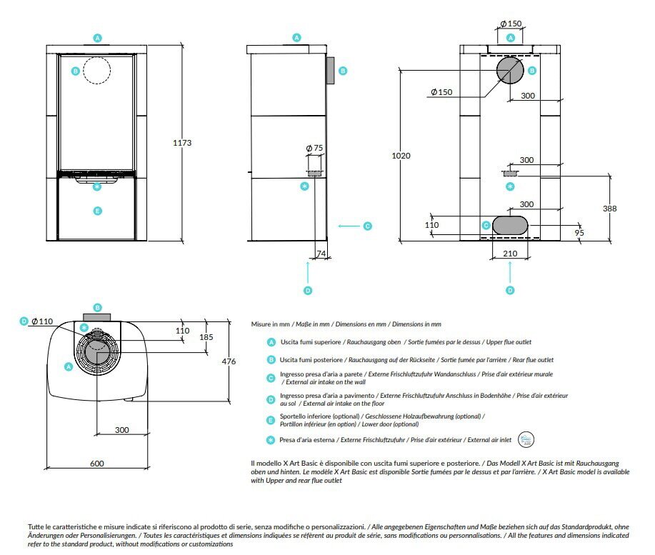 Kaminofen Rizzoli - Serie X Art - Basic - 7,7 kW - Keramikverkleidung