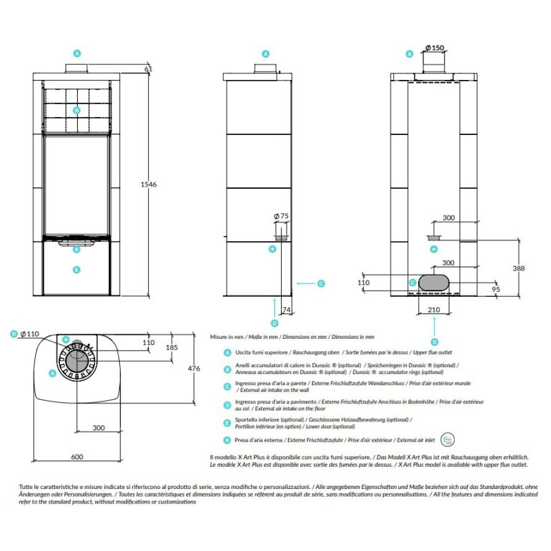 Kaminofen Rizzoli - Serie X Art - Plus - 7,7 kW - Keramikverkleidung