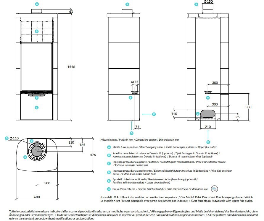 Kaminofen Rizzoli - Serie X Art - Plus - 7,7 kW - Keramikverkleidung